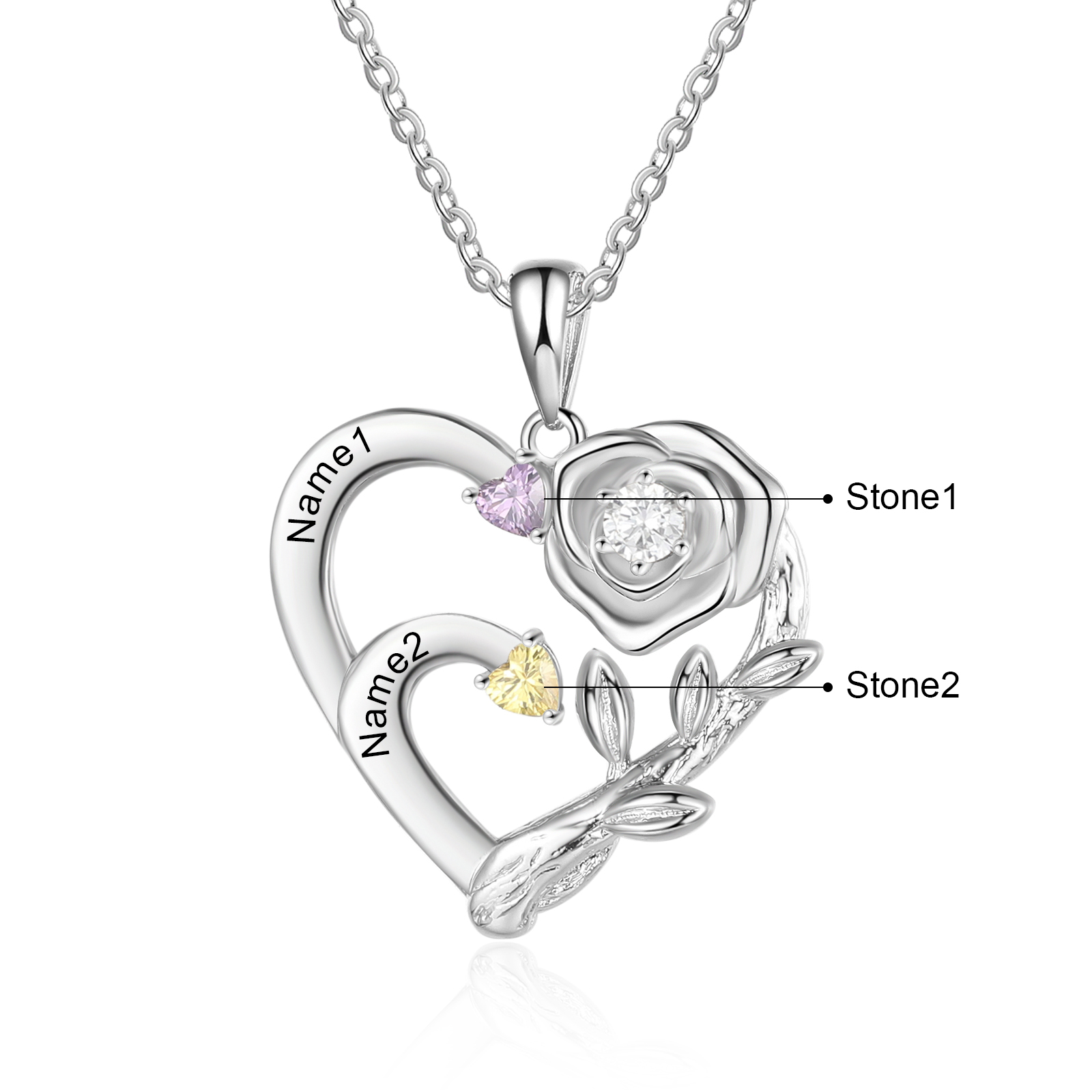 Personalised Mother Rose Necklace 2 Stones Engraved 2 Names Birthstone Intertwined Heart Pendant for Mum-Jessemade AU