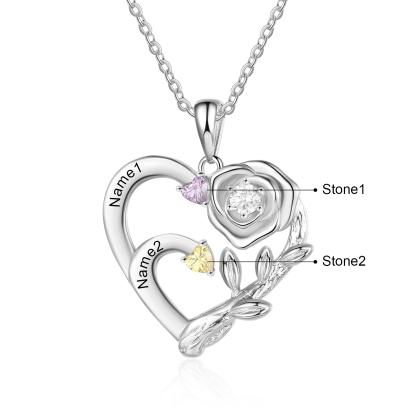 Personalised Rose Heart Necklace Custom 2 Names & Birthstones Mother Necklace-Jessemade AU