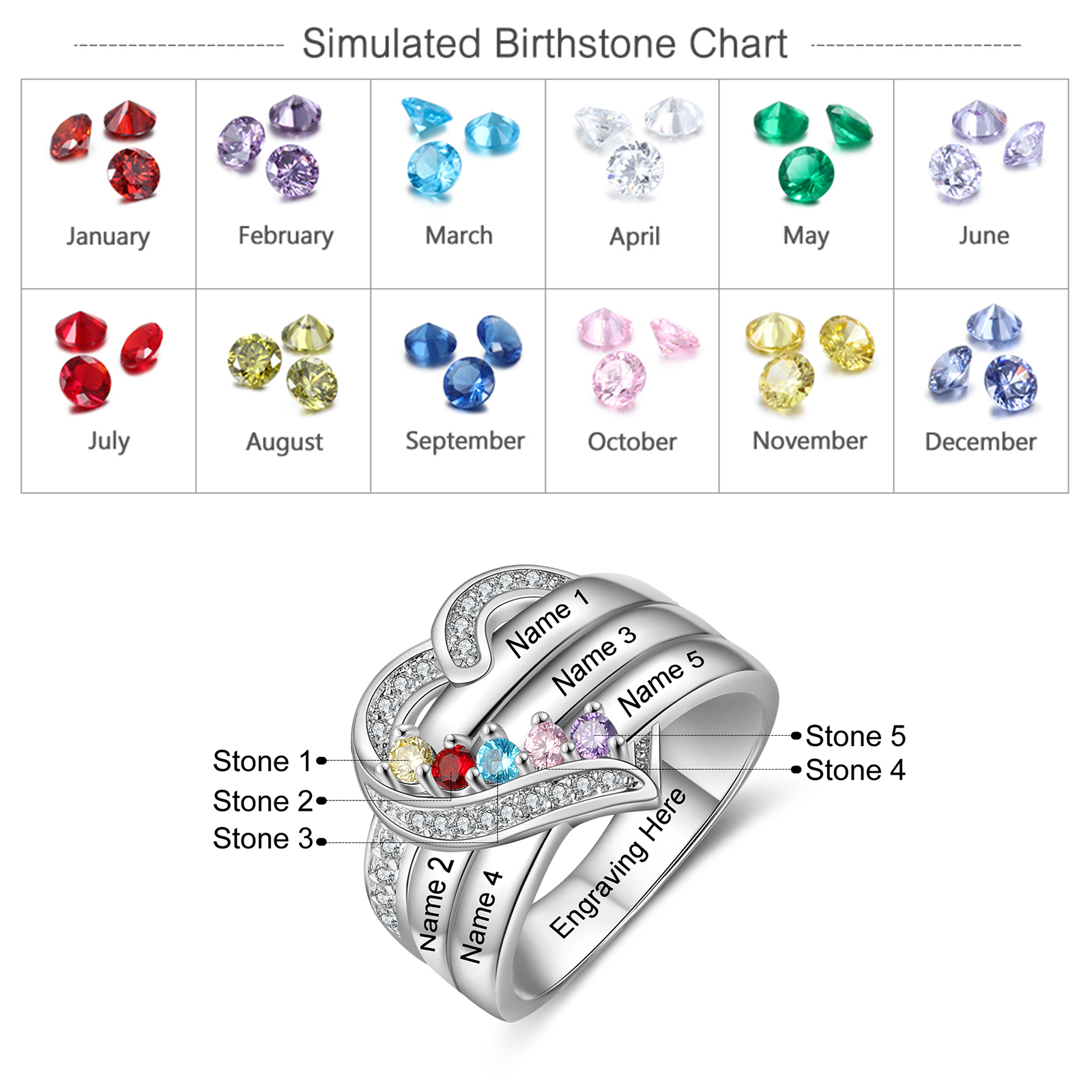 S925 Silver Personalised Mother Ring with 5 Birthstones Heart Family Ring-Jessemade AU