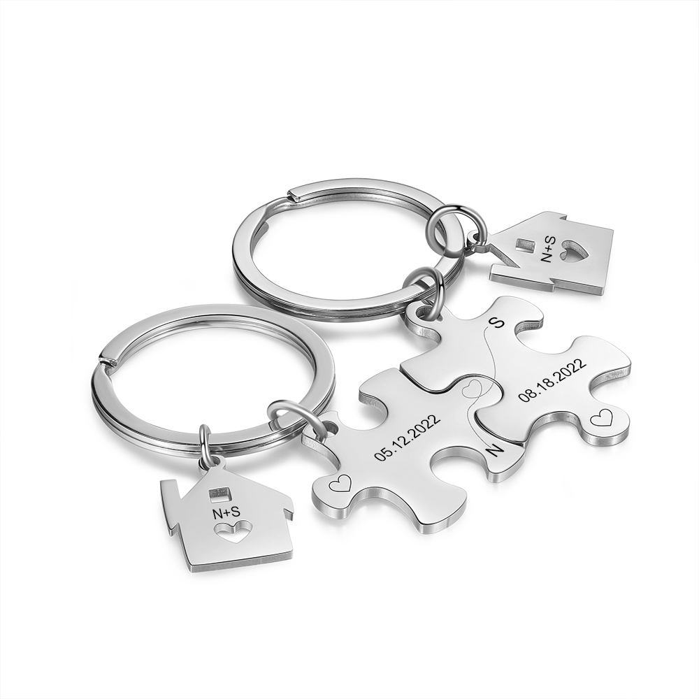 2 PCS Couple Keychain Set Custom 2 Dates & 2 Letters Keyring Puzzle Keychains Valentine's Day Personalised Gift for Him/Her-Jessemade AU
