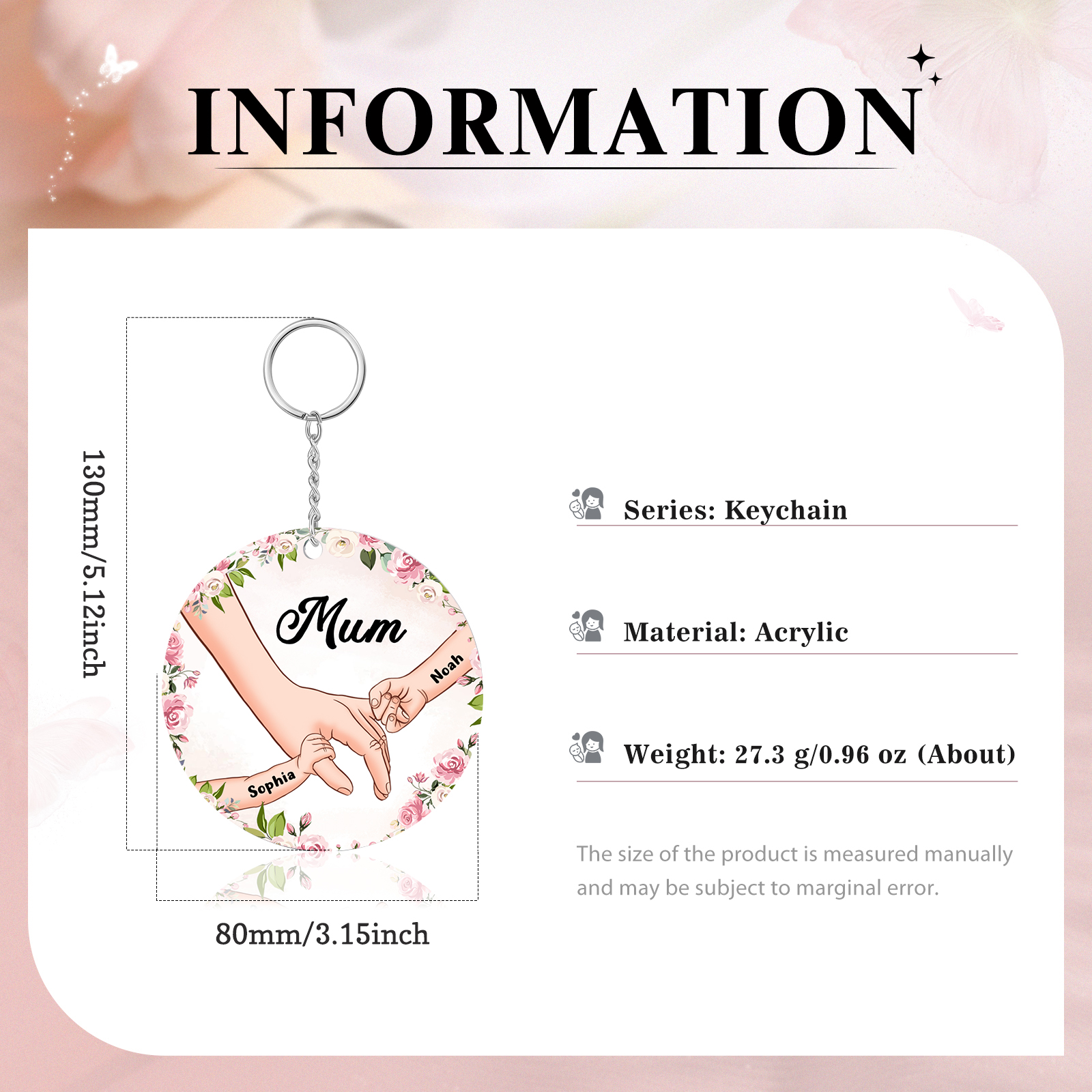 2 Names - Personalised Acrylic Keychain Custom 1 Text Holding Hands Family Hanging Ornaments Gift for Mum/Grandma-Jessemade AU