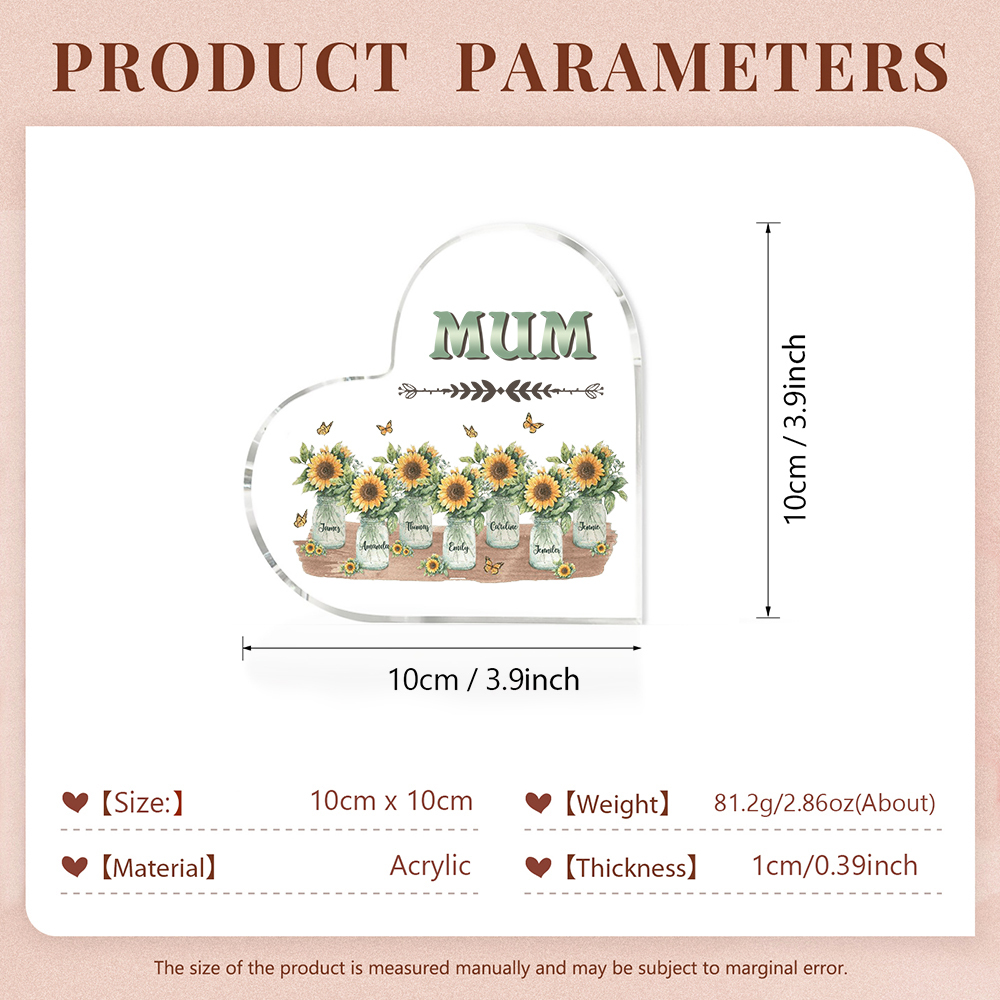 Personalised Acrylic Heart Keepsake Custom 7 Names & 1 Text Sunflower Vase Ornament Gifts for Mother/Grandma-Jessemade AU