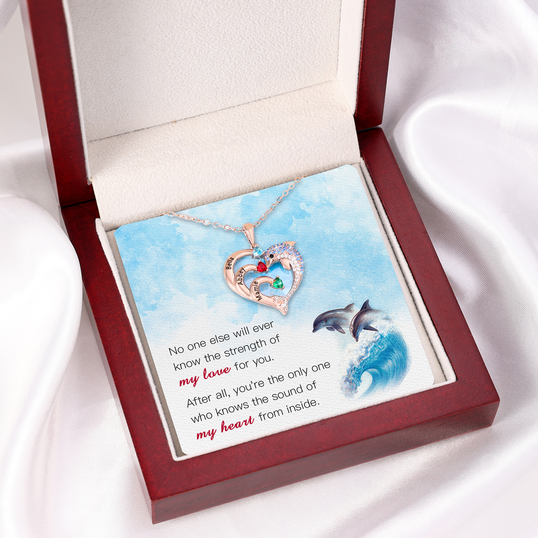 Personalised Heart Dolphin Necklace With 2 Birthstones Engraved Names Gift For Her-Jessemade AU
