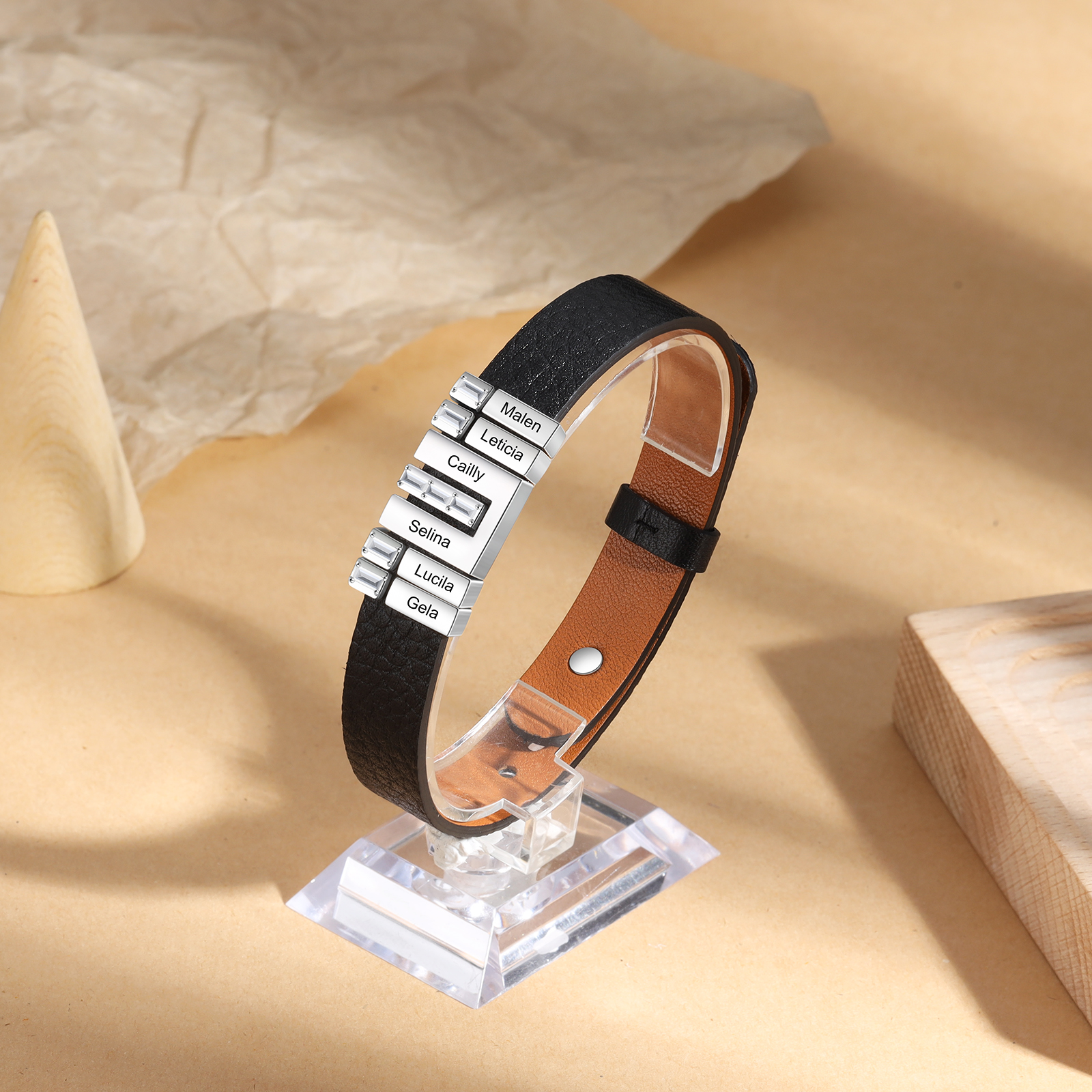 Personalised Leather Bracelet with Beads Engraved 6 Names Bangle for Him-Jessemade AU