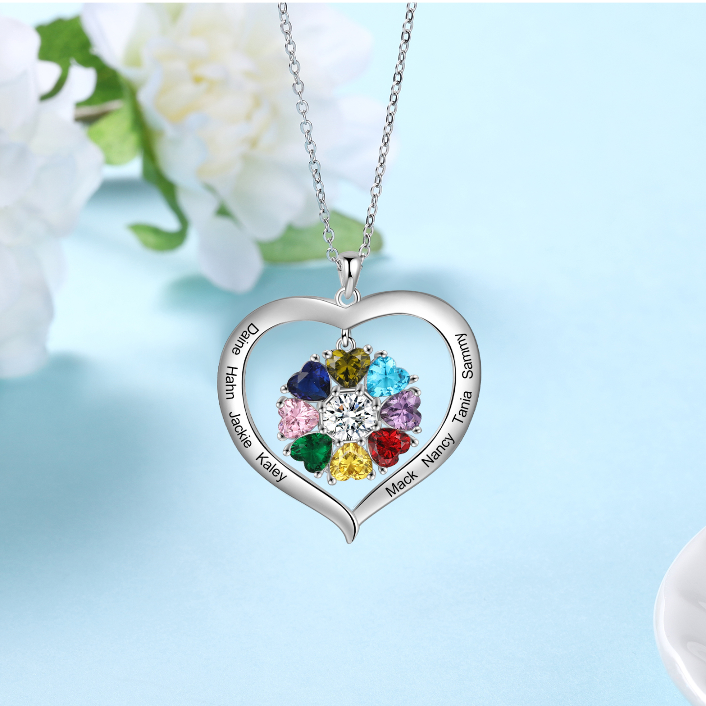 Personalised Heart Pendant Necklace with 8 Birthstones Engraved Names Family Necklace Gifts for Her-Jessemade AU