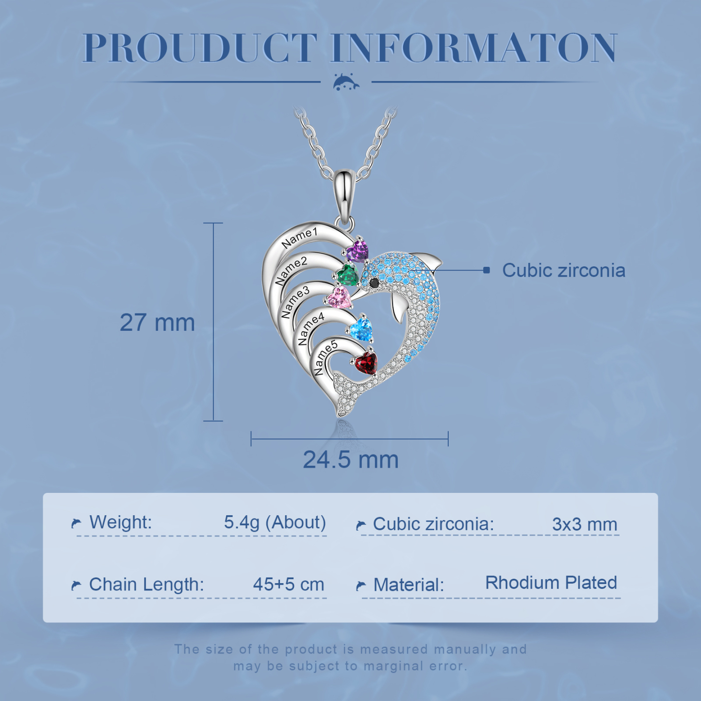 Personalised Heart Dolphin Necklace With 5 Birthstones Engraved Names Gift For Mum-Jessemade AU