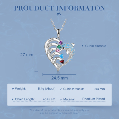 Personalised Heart Dolphin Necklace With 5 Birthstones Engraved Names Gift For Mum-Jessemade AU