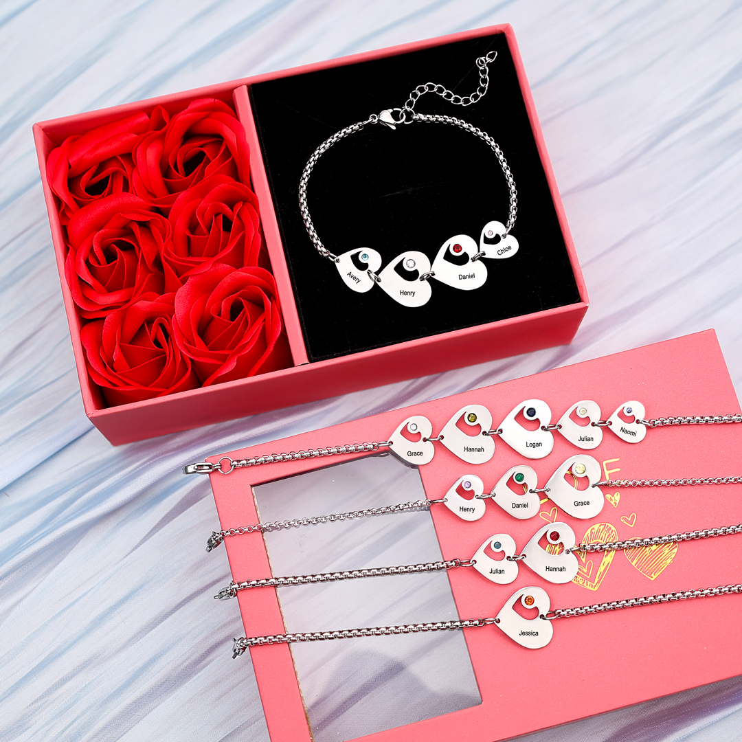 6 Names - Personalised Heart Bracelet Custom Names & Birthstones Family Bracelet Gifts for Her-Jessemade AU