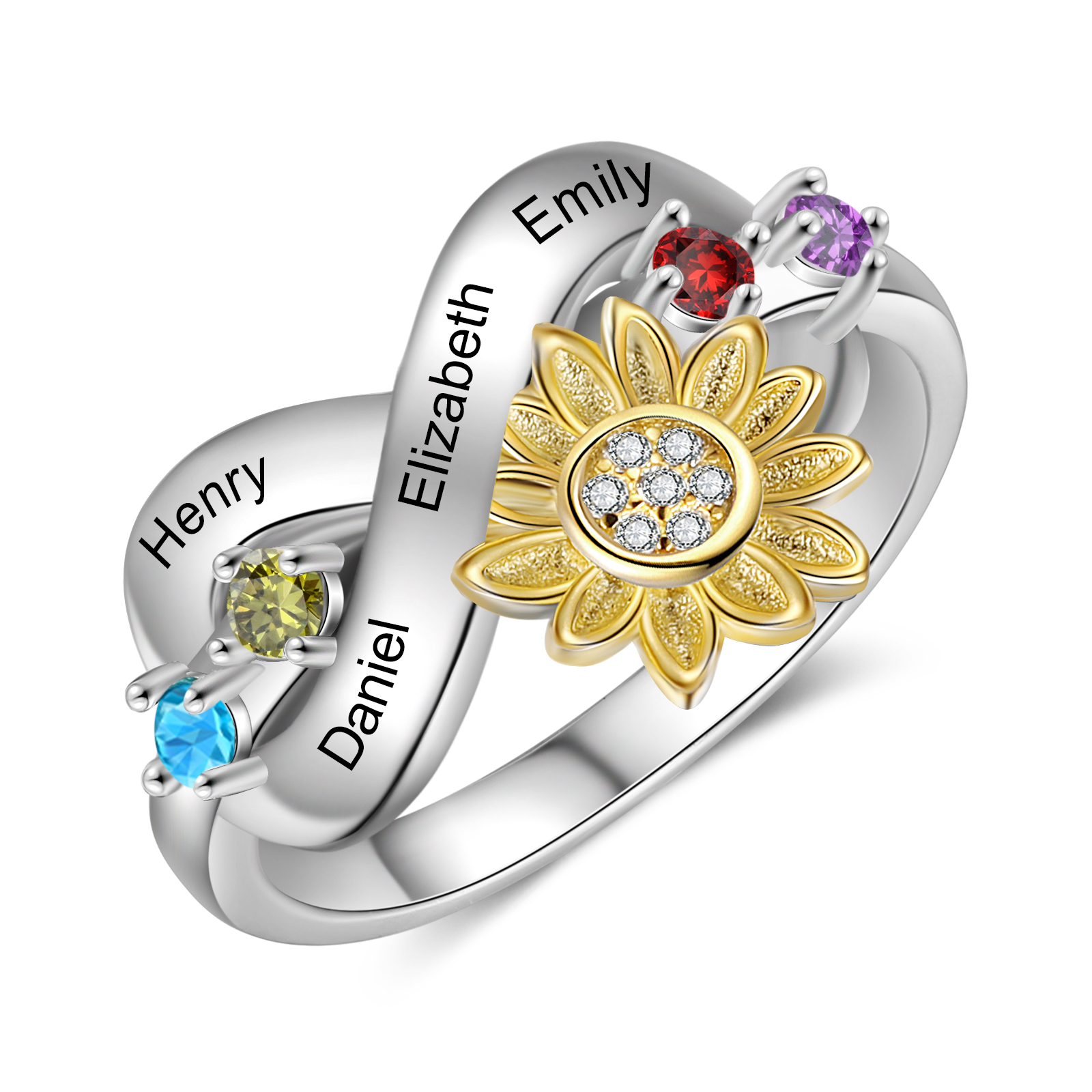 Personalised 4 Birthstones Sunflower Ring Engraved Names Infinity Ring Gifts For Her-Jessemade AU