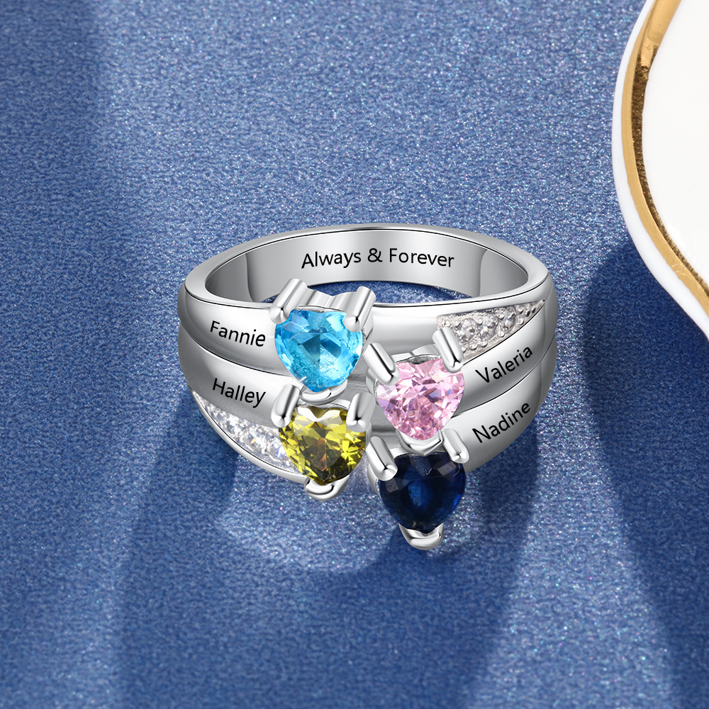 S925 Silver Ring Personalised 4 Birthstones Mothers Ring With Names Gifts For Her-Jessemade AU