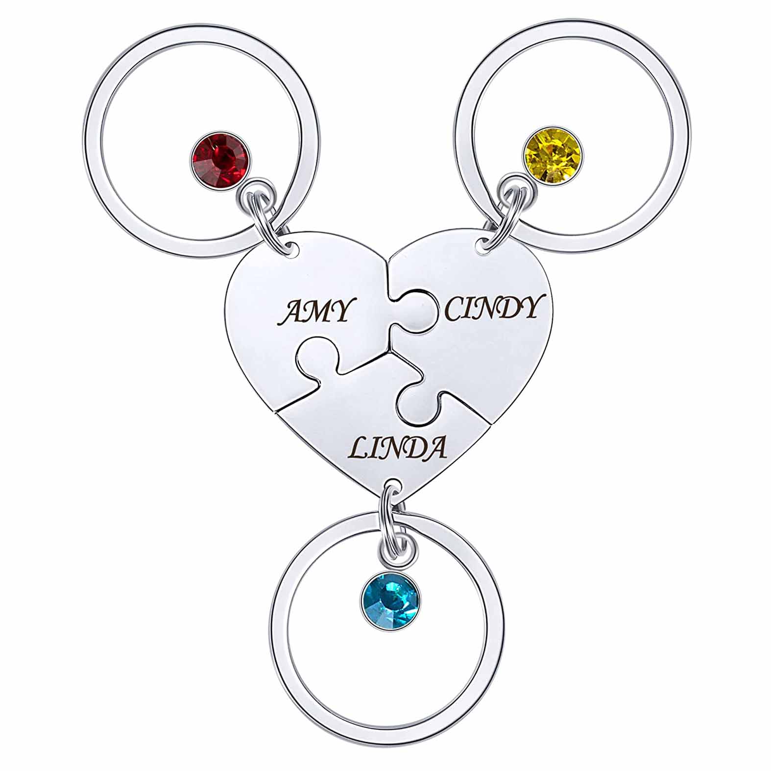 Personalised 3 Names Heart Puzzle Keychain with Birthstones Gifts for Family-Jessemade AU