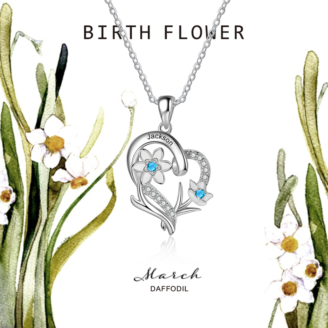 Personalised March Birthflower Necklace With Birthstones Custom 1 Name Necklace For Her-Jessemade AU