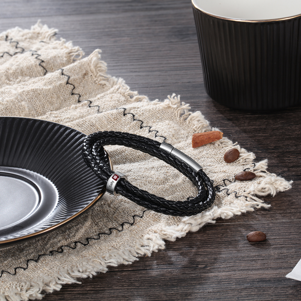 Personalised 3 Layer Leather Bracelet with 1 Bead Engraved Names Men's Bracelets for Him-Jessemade AU