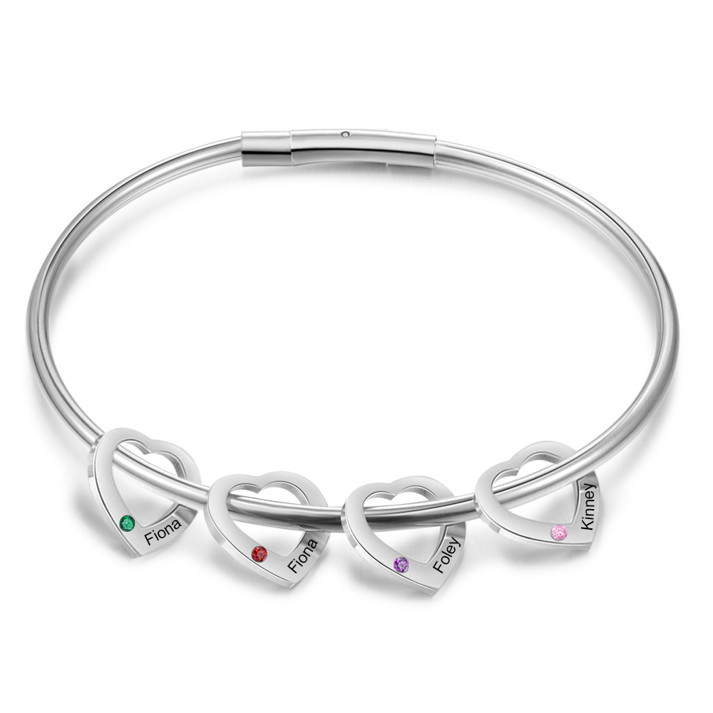 Personalised Heart Bracelet With 4 Birthstones Engraved Names Bracelet Gift For Women-Jessemade AU