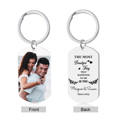 Couple Photo Keychain Custom 2 Names & Date Keyring Gift for Him/Her - The Most Beautiful Thing That Happened To Me Is You-Jessemade AU