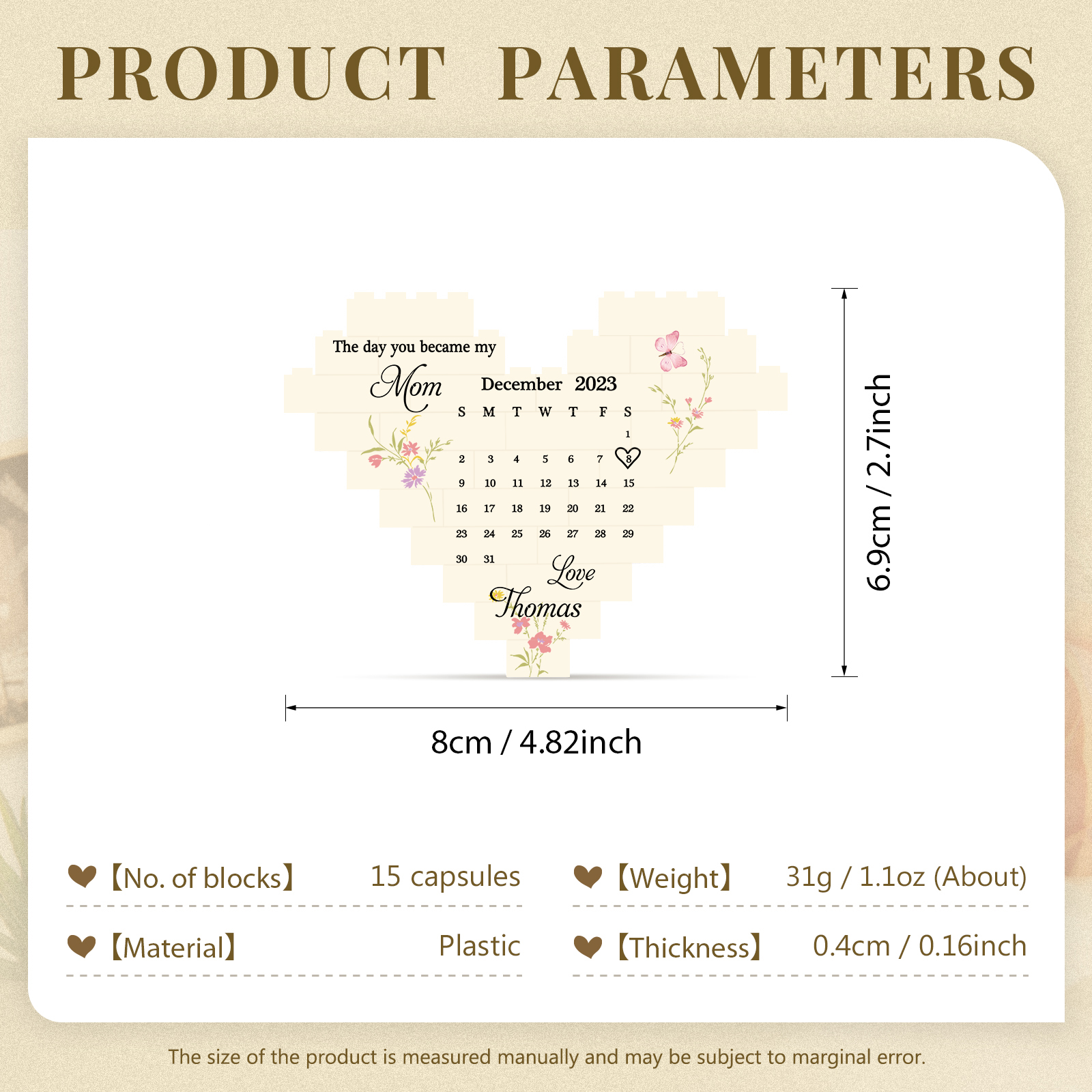 Mothers Gifts Personalised Heart Shape Building Blocks Puzzle Photo Brick Square Shape Puzzle DIY Gift - Single Layers-Jessemade AU