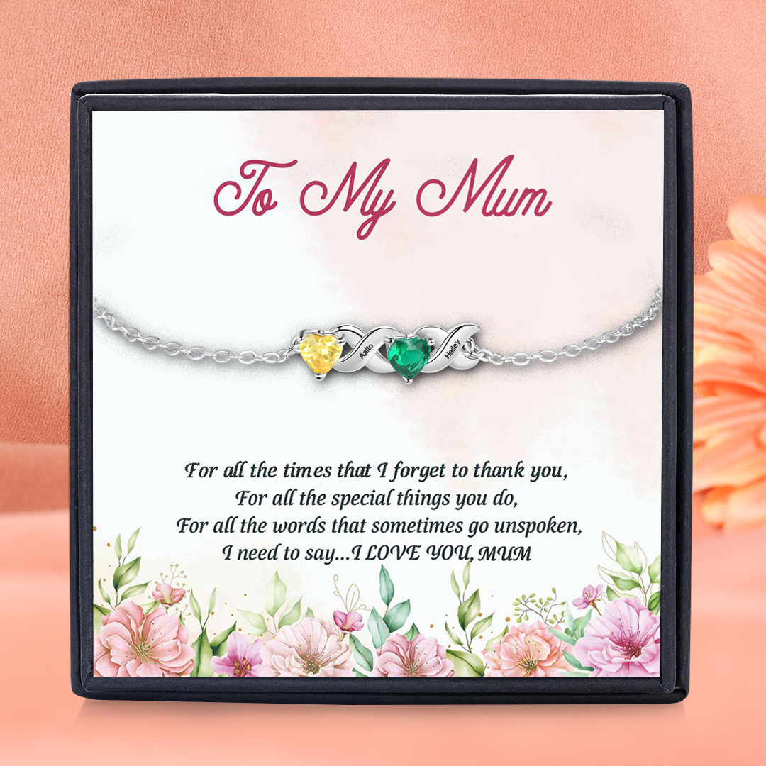 Personalised Bracelet With 2 Heart Birthstones Engraved Names Bracelet Gift For Women-Jessemade AU