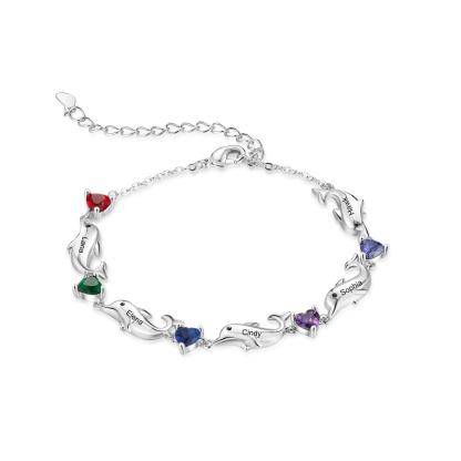 Dolphin Bracelet Personalised 5 Birthstones & 5 Names Women Bracelet-Jessemade AU