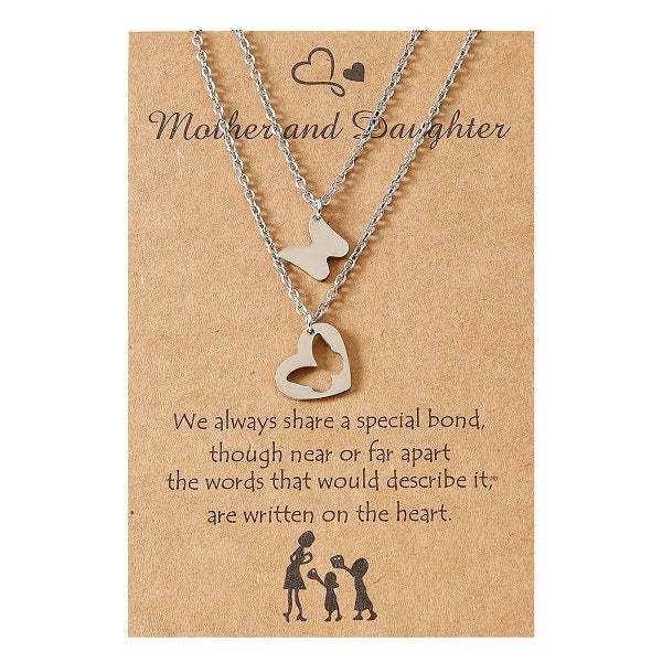 Mother-Daughter Heart Butterfly Pendant Necklace Set Adjustable Necklace with Gift Card for Her-Jessemade AU