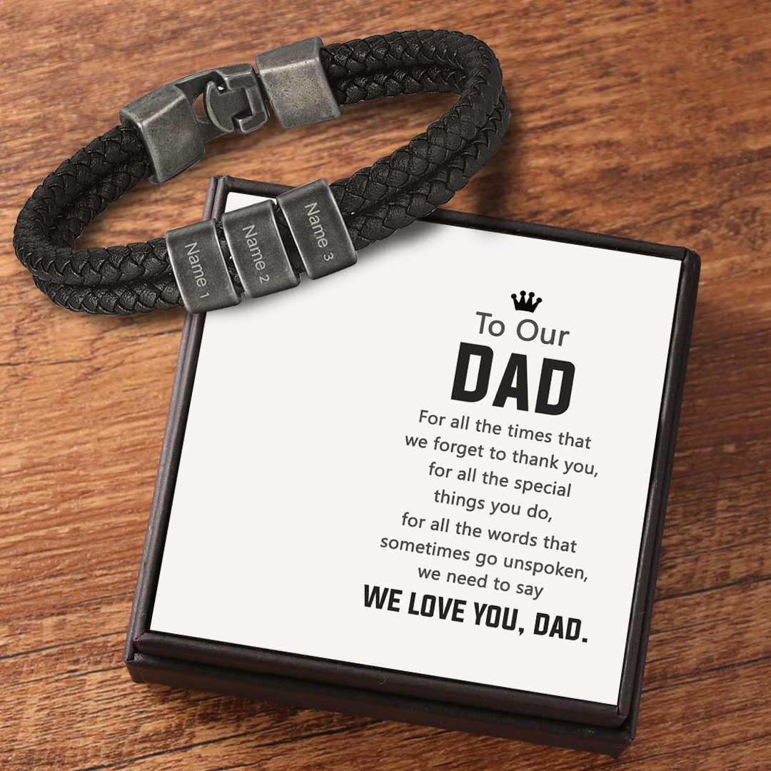 Personalised Retro Men Leather Bracelet with 3 Names Beaded Wrap Bracelet-Jessemade AU