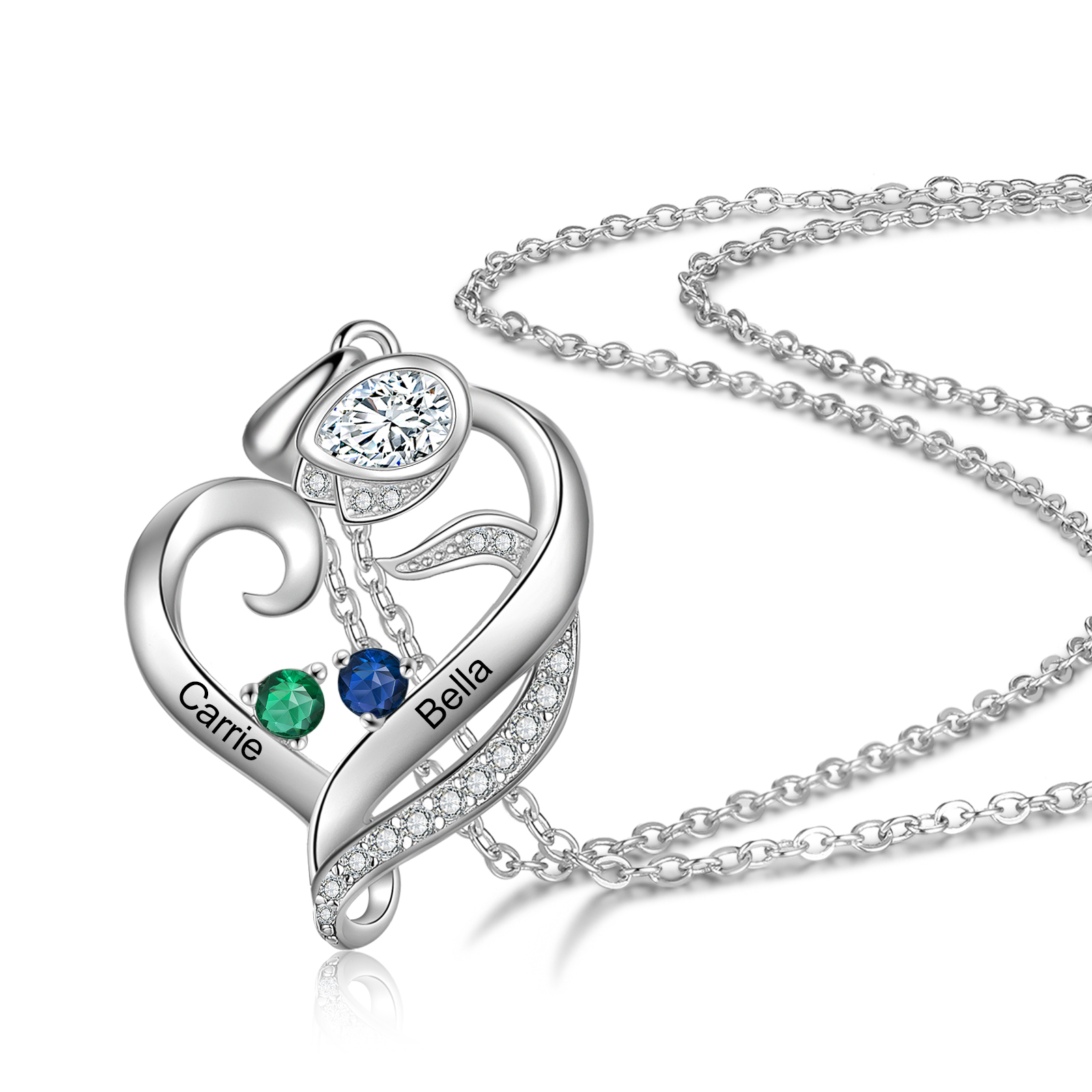 Personalised Flower Heart Necklace With 2 Birthstones Custom Names Necklace Gift For Her-Jessemade AU