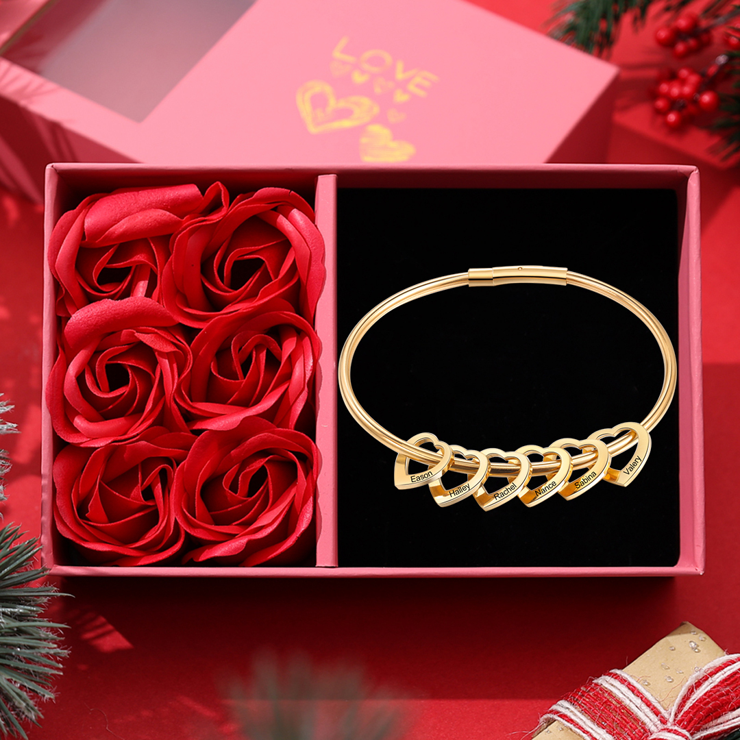 Personalised Love Bracelet with 6 Heart Charms Engraved 6 Names Bangle Bracelet Gift for Her-Jessemade AU