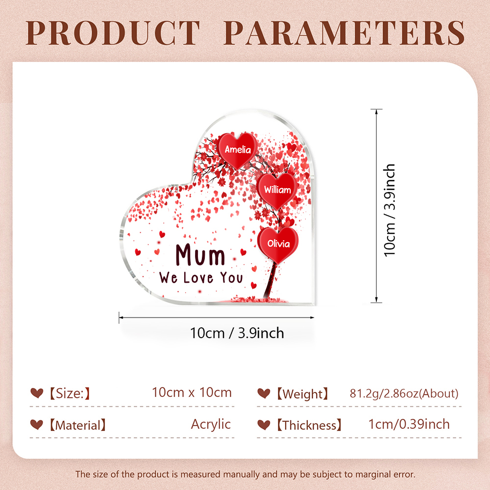 3 Names - Personalised Acrylic Heart Keepsake Custom Text Red Tree Ornaments Gifts for Grandma/Mother-Jessemade AU