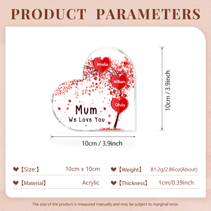3 Names - Personalised Acrylic Heart Keepsake Custom Text Red Tree Ornaments Gifts for Grandma/Mother-Jessemade AU