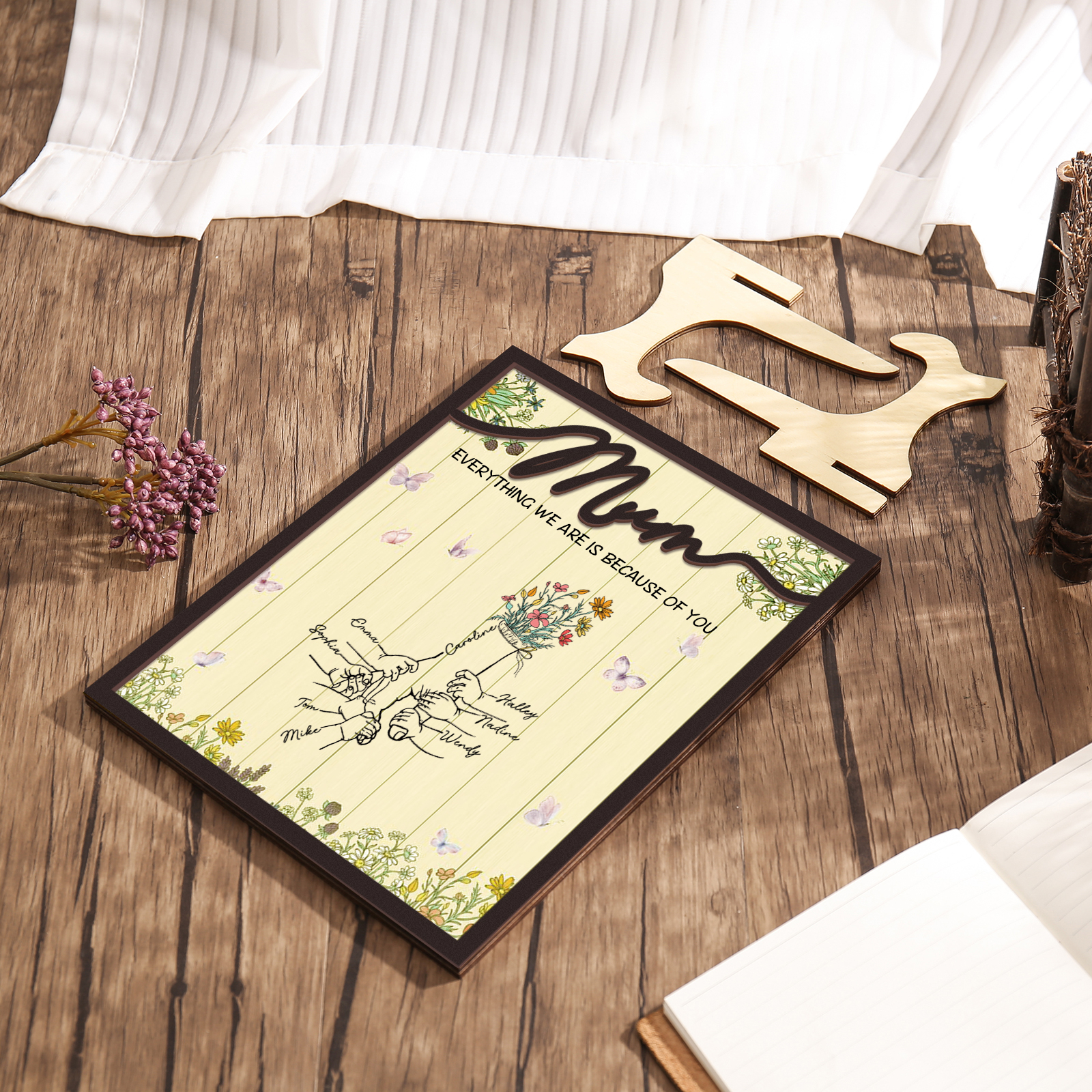 Personalised 8 Names Wooden Plaque Holding Mum's Hand Desktop Decoration With Stand - EVERYTHING WE ARE IS BECAUSE OF YOU-Jessemade AU