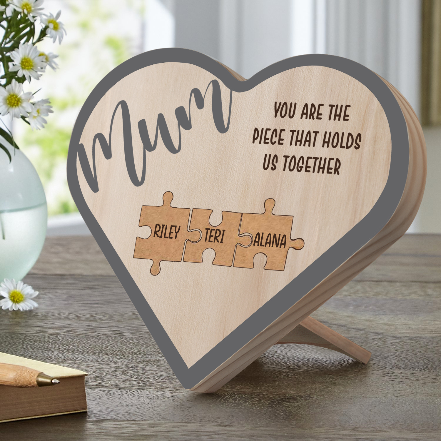 To Mum Personalised Wooden Puzzle Heart Keepsake Desktop Ornament Custom 3 Names Mothers Gifts-Jessemade AU