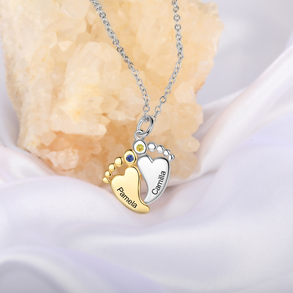 Personalised Baby Feet Necklace With 2 Birthstones Engraved Names Gift For Women-Jessemade AU