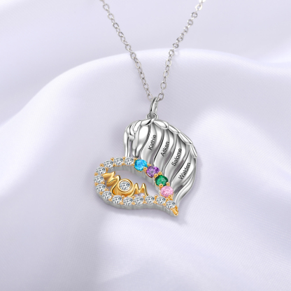 Personalised Heart Necklace With 4 Birthstones Engraved Names Gift For Mother-Jessemade AU