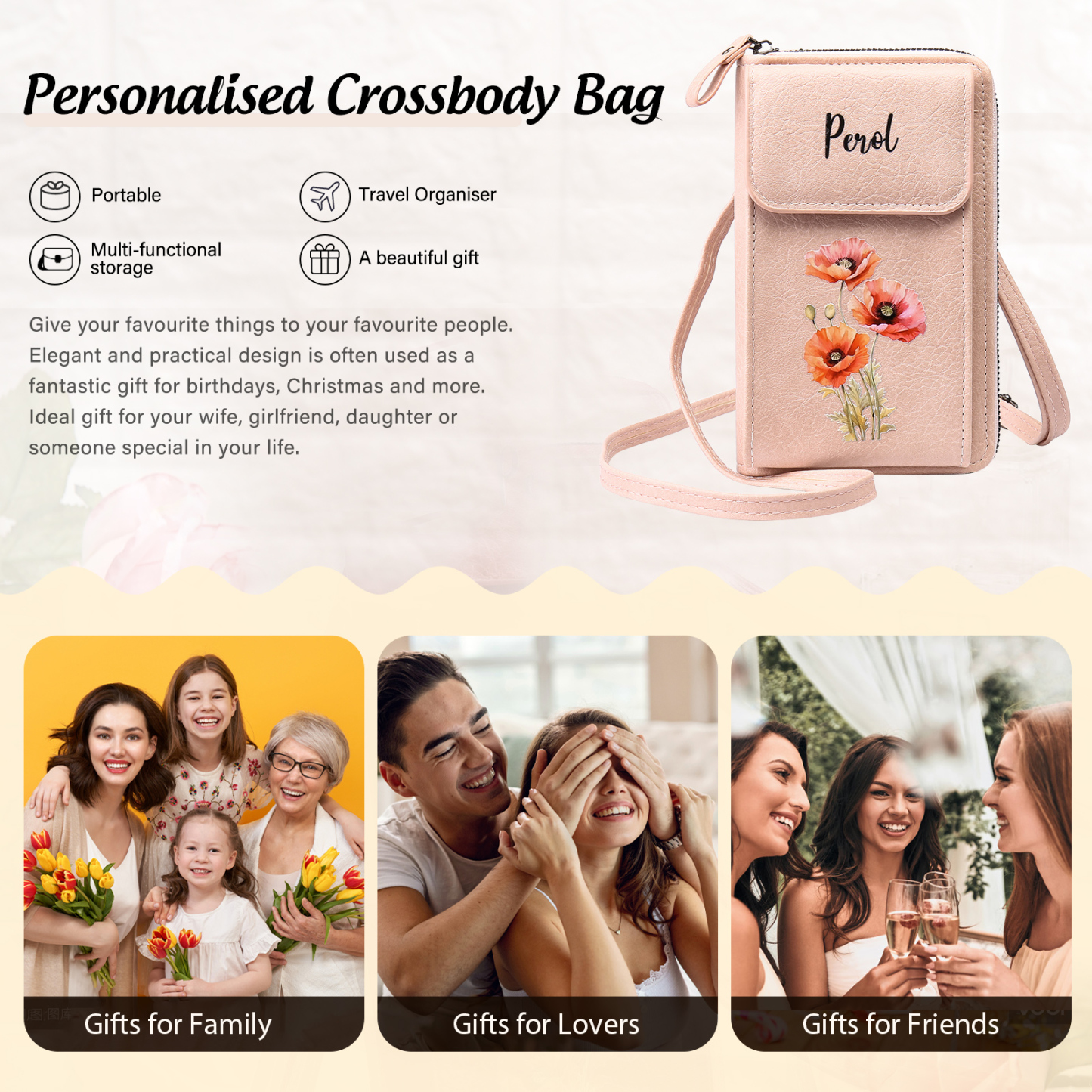 Personalised Women's Leather Wallet Custom Birthday Flower & Name Mobile Phone Wallet Zipper Crossbody Bag