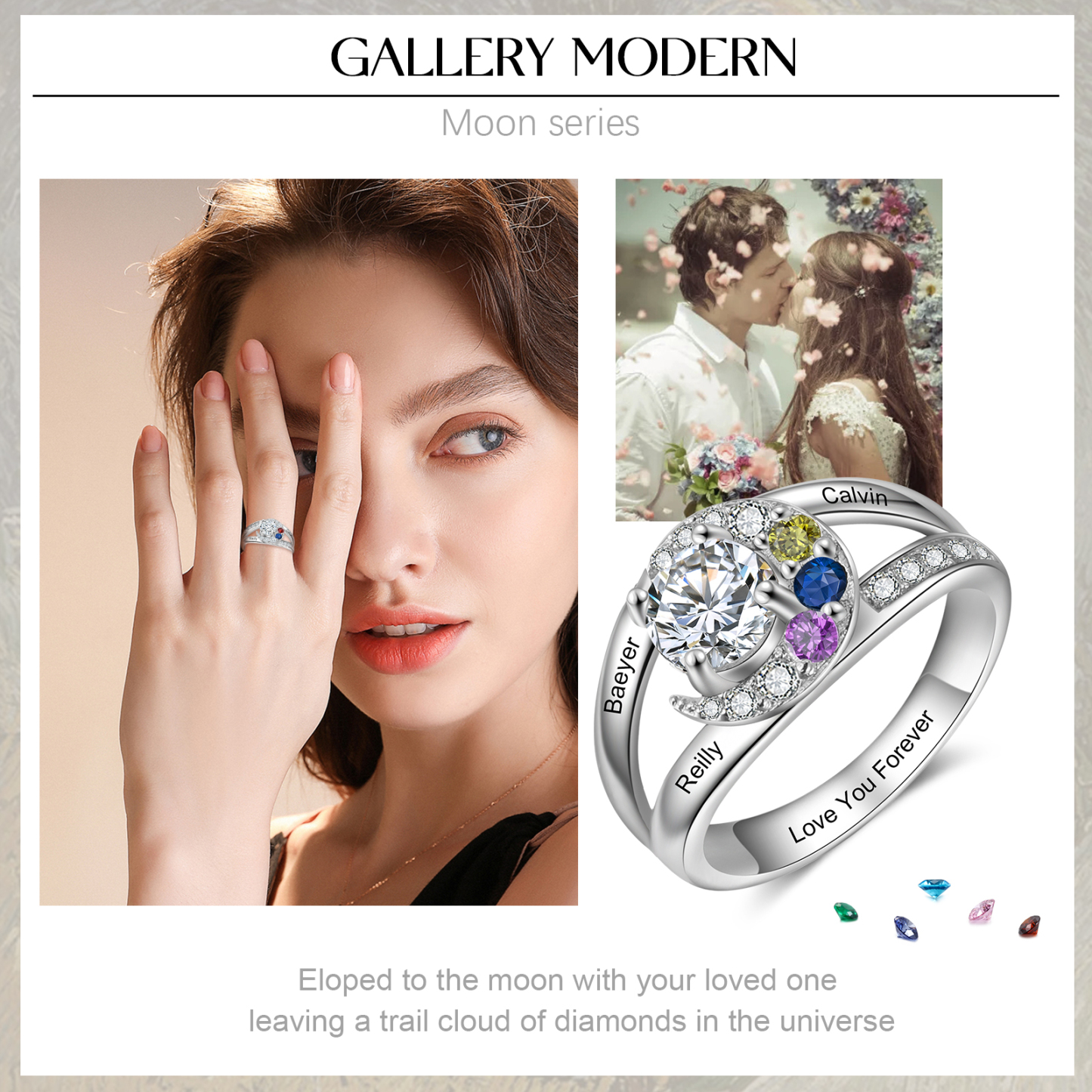 Personalised Moon Star Ring With 3 Birthstones Custom Names Best Gift For Women-Jessemade AU