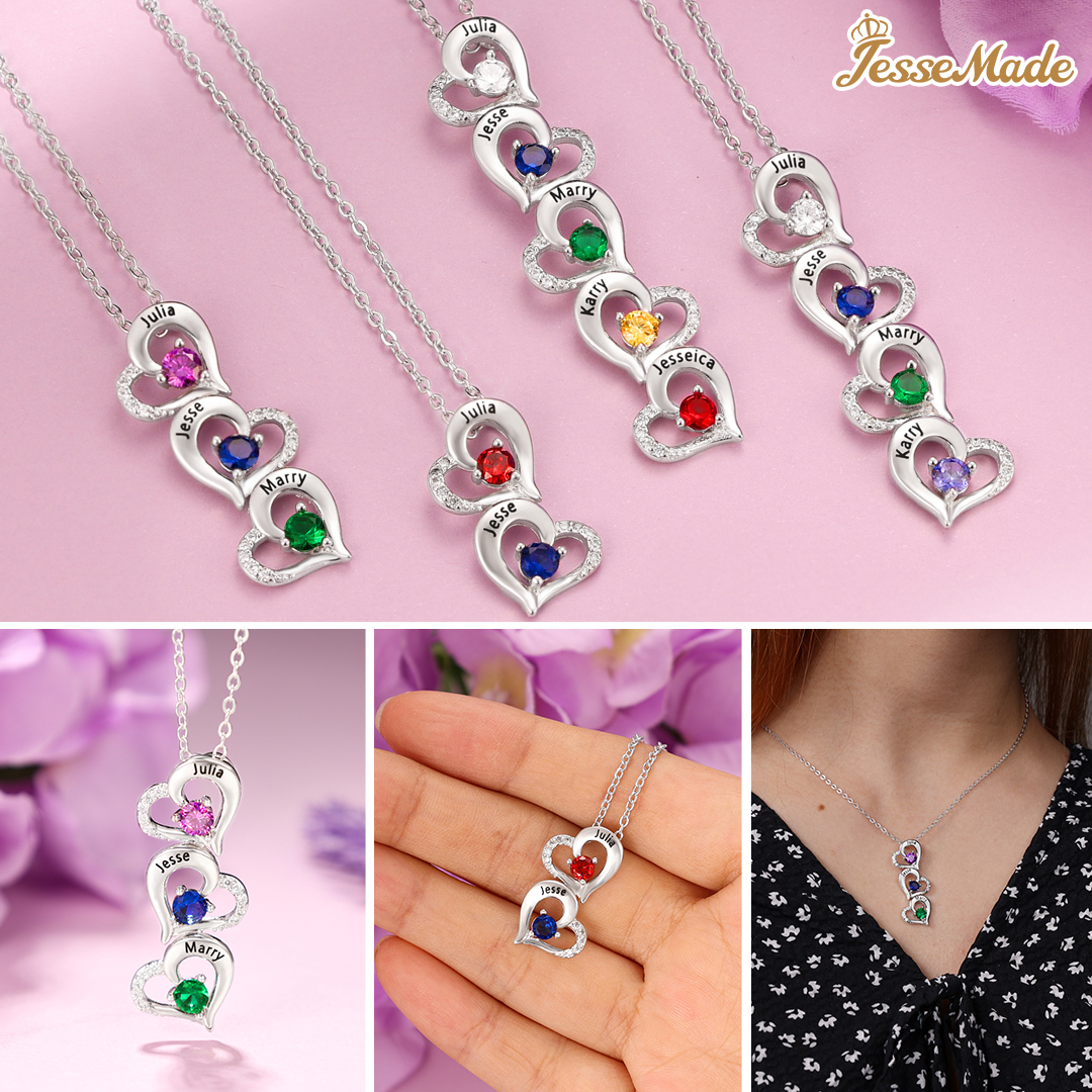 Personalised Heart Necklace With 4 Birthstones Engraved Names Gift For Her-Jessemade AU