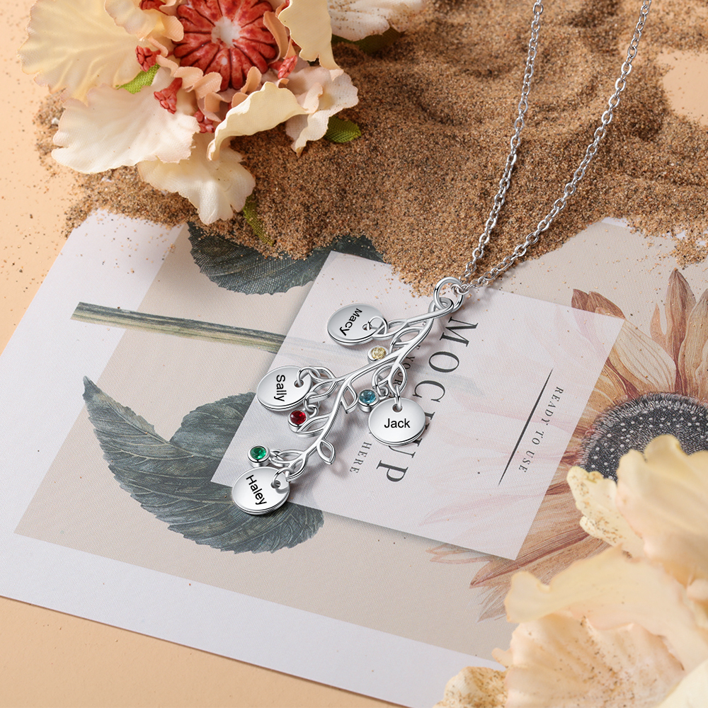 Personalised Leaves NecklaceWith 3 Birthstones Engraved Names Gift For Mother-Jessemade AU