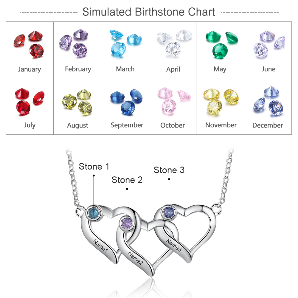 Personalised Heart Necklace With 3 Birthstones Engraved Names Gift For Her-Jessemade AU