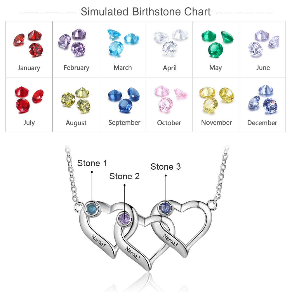 Personalised Heart Necklace With 3 Birthstones Engraved Names Gift For Her-Jessemade AU