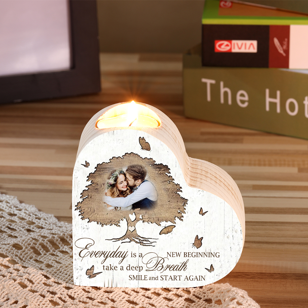 Personalised Love Couple Heart Candle Holder Engrave Photo Wooden Candlesticks Valentines Gift-Jessemade AU