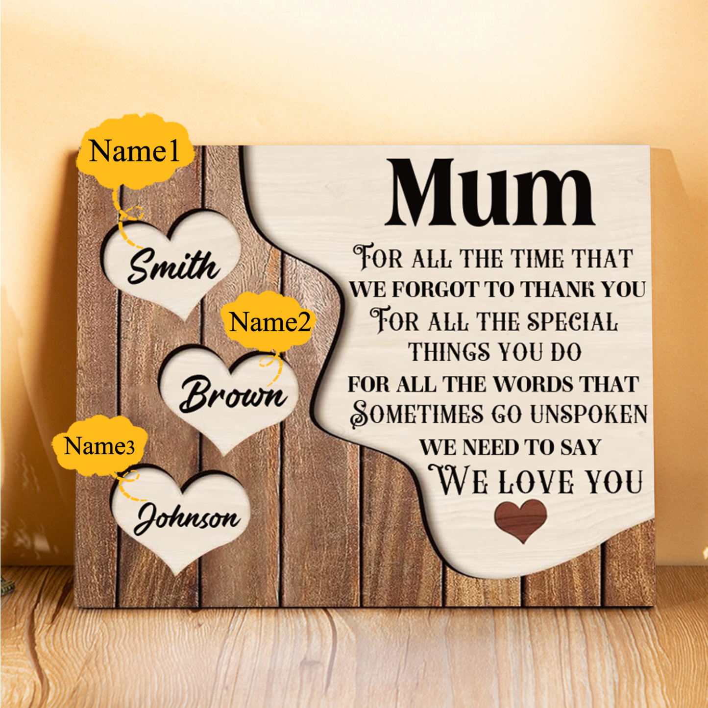 3 Names - Personalised Mum Wooden Plaque Custom Names Home Decoration Hearts Gift for Mother-Jessemade AU
