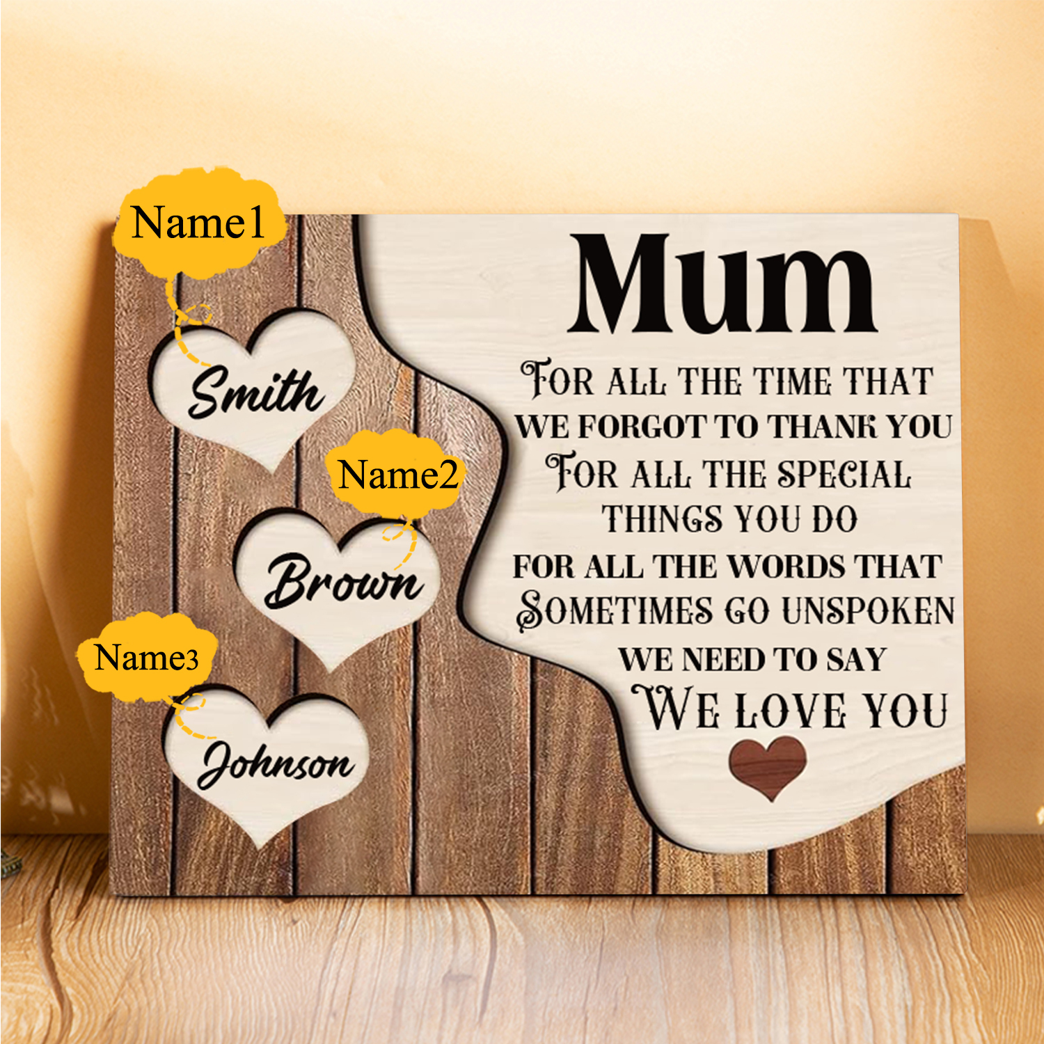 3 Names - Personalised Mum Wooden Plaque Custom Names Home Decoration Hearts Gift for Mother-Jessemade AU