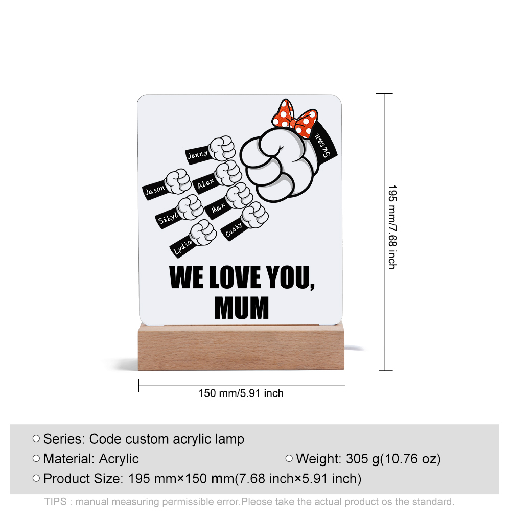 8 Names - Personalised Acrylic Night Light Custom Names & Text Fist Bump LED Lamp Gifts for Family-Jessemade AU