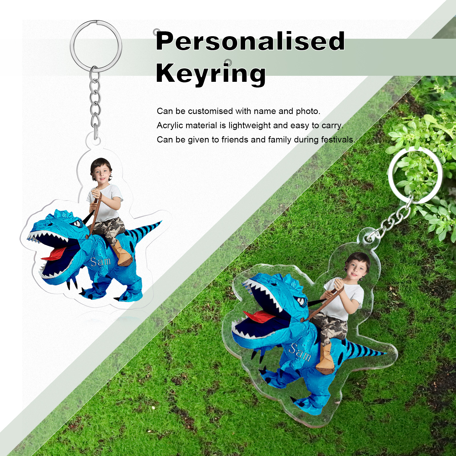 1 Name - Personalised Acrylic Dinosaur Keychain Customised Name & Photo Keychain Gift for Kids-Jessemade AU