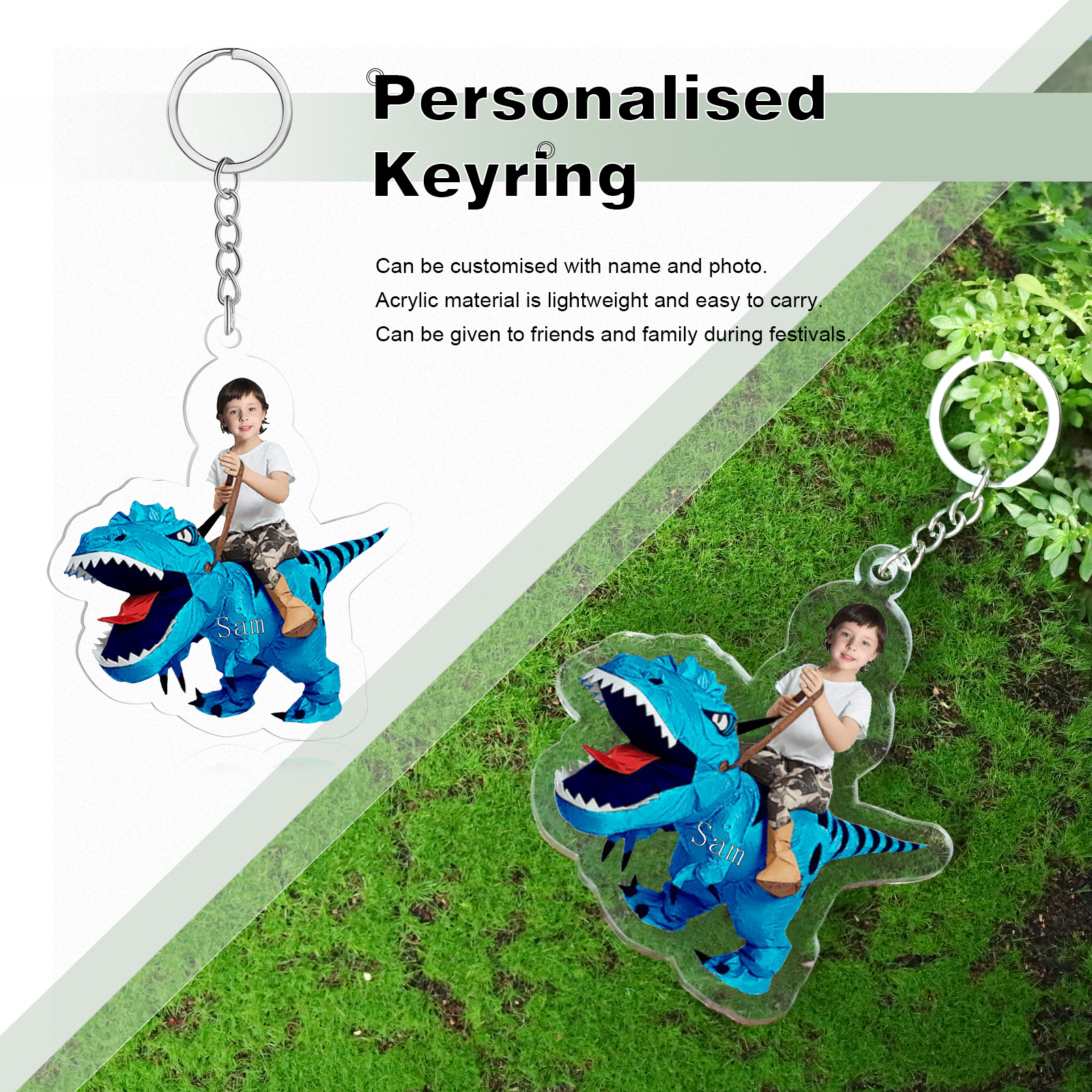 1 Name - Personalised Acrylic Dinosaur Keychain Customised Name & Photo Keychain Gift for Kids-Jessemade AU