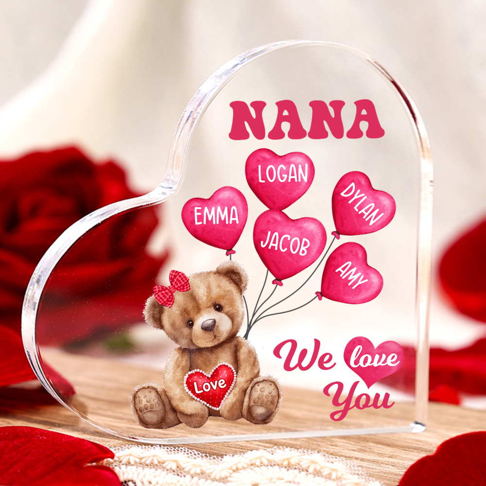 5 Names - Personalised Acrylic Heart Keepsake Custom Text Bear Balloon Family Ornament Gifts for Mother/Grandma-Jessemade AU