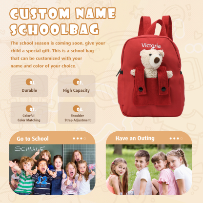 Personalised Bear School Bag Custom Name Canvas Backpack Back To School Gift for Kids-Jessemade AU