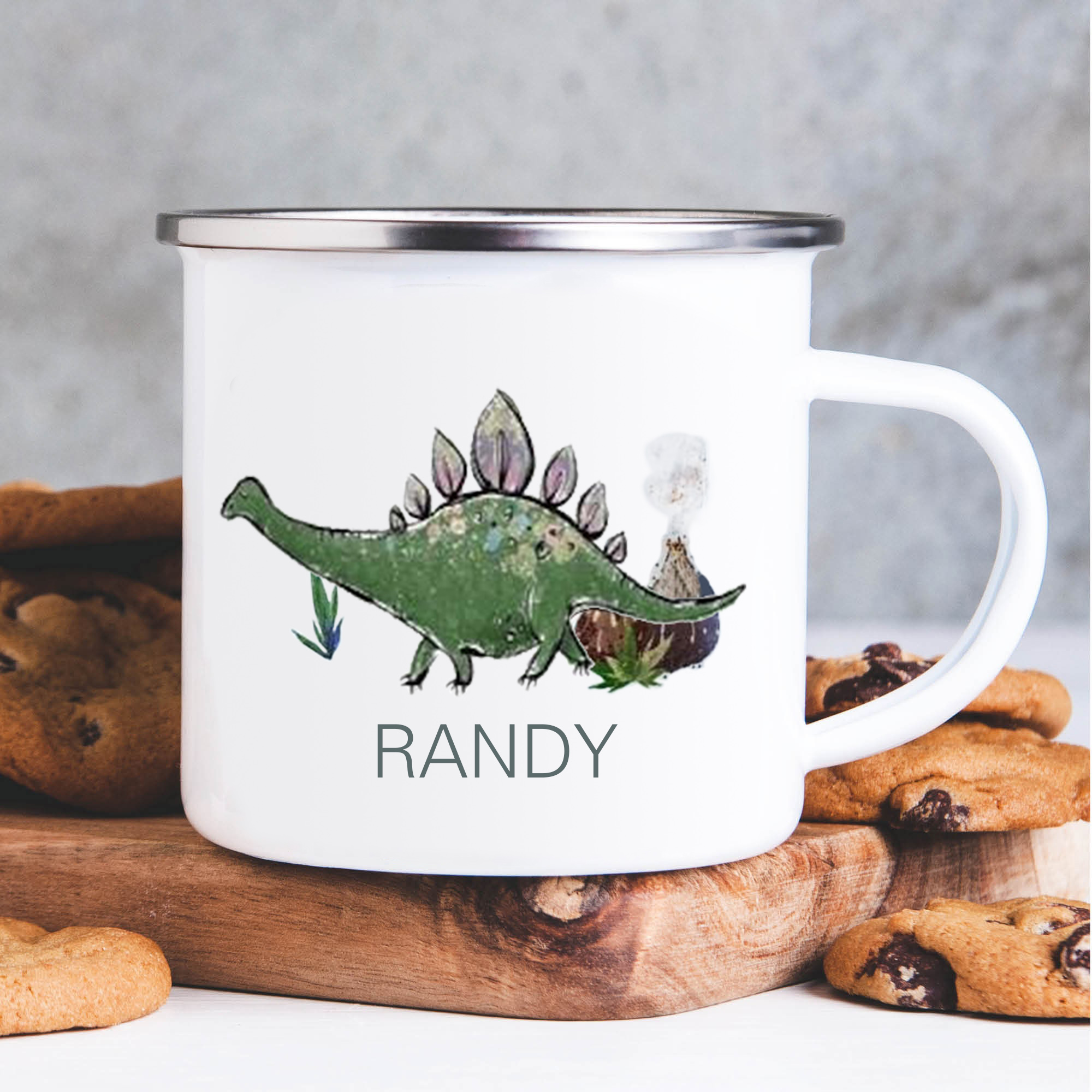 Personalised Enamel Mug Customised Name Dinosaur Cup Camping Mug Birthday Gift for Kids - Stegosaurus-Jessemade AU