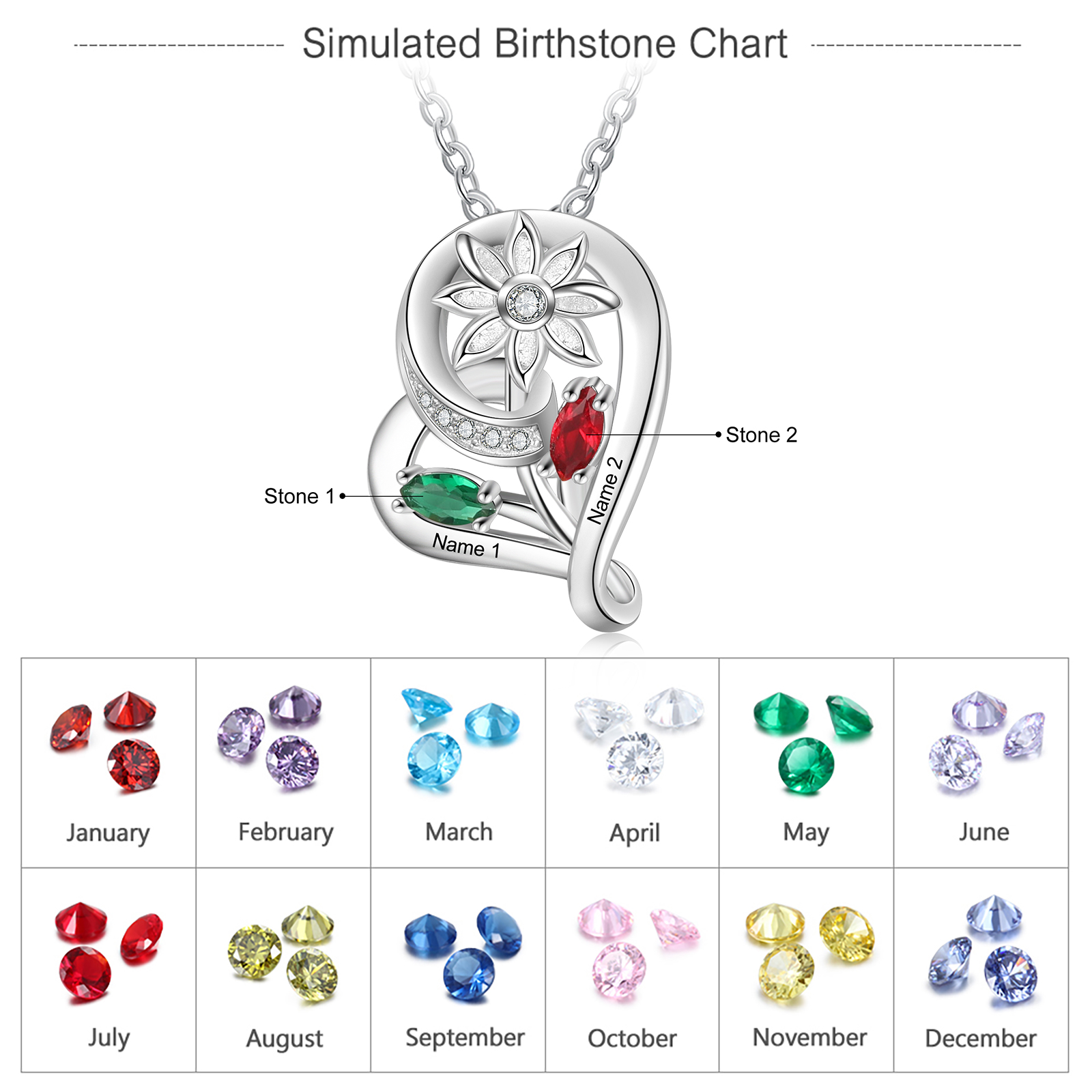 Personalised Heart Flower Necklace With 2 Birthstone Engraved Names Gift For Her-Jessemade AU