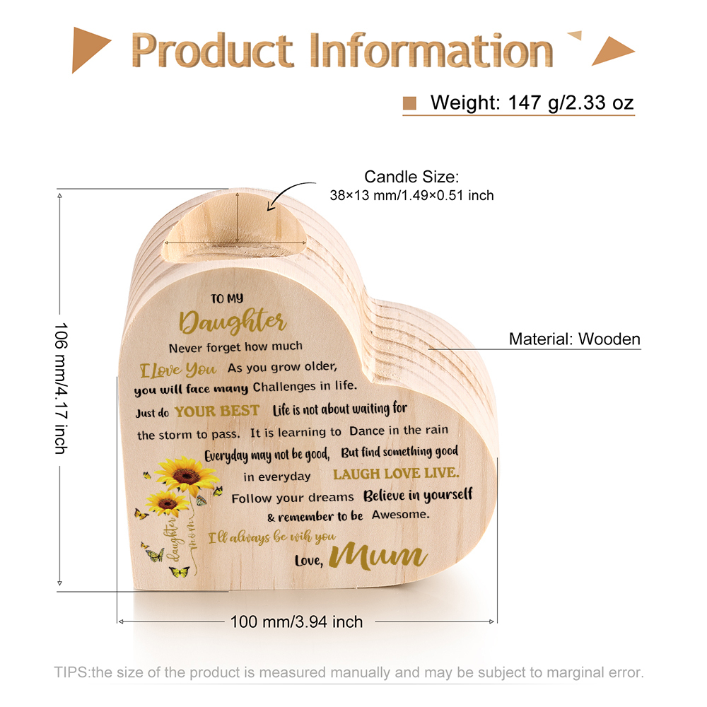 To My Daughter Wooden Heart Candle Holder Sunflowers Candlesticks "I'll always be with you"-Jessemade AU