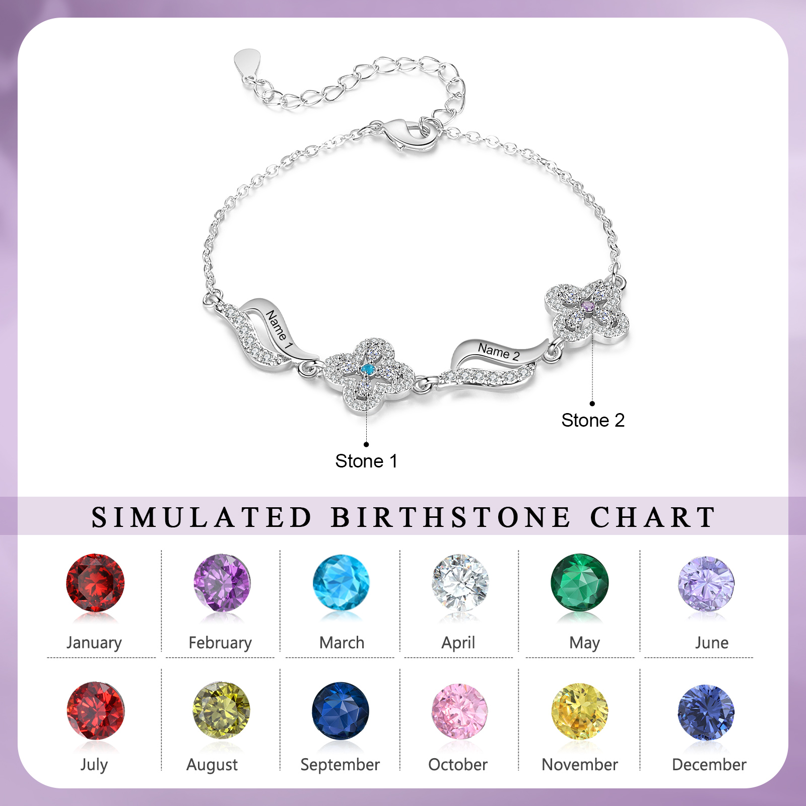Personalised 2 Birthstones Engraved 2 Names Bracelet Women's Bracelets Birthday Gift for Her-Jessemade AU